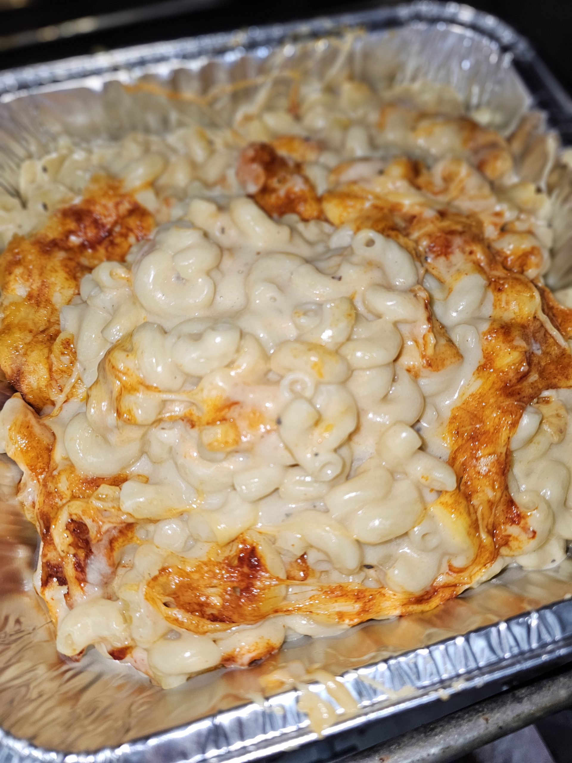 Four-cheese mac and cheese, baked golden on top
